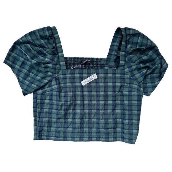 Madewell Hopewell Puff-Sleeve Crop Top Women Green Blue Plaid Blouse Size Small - Picture 2 of 4